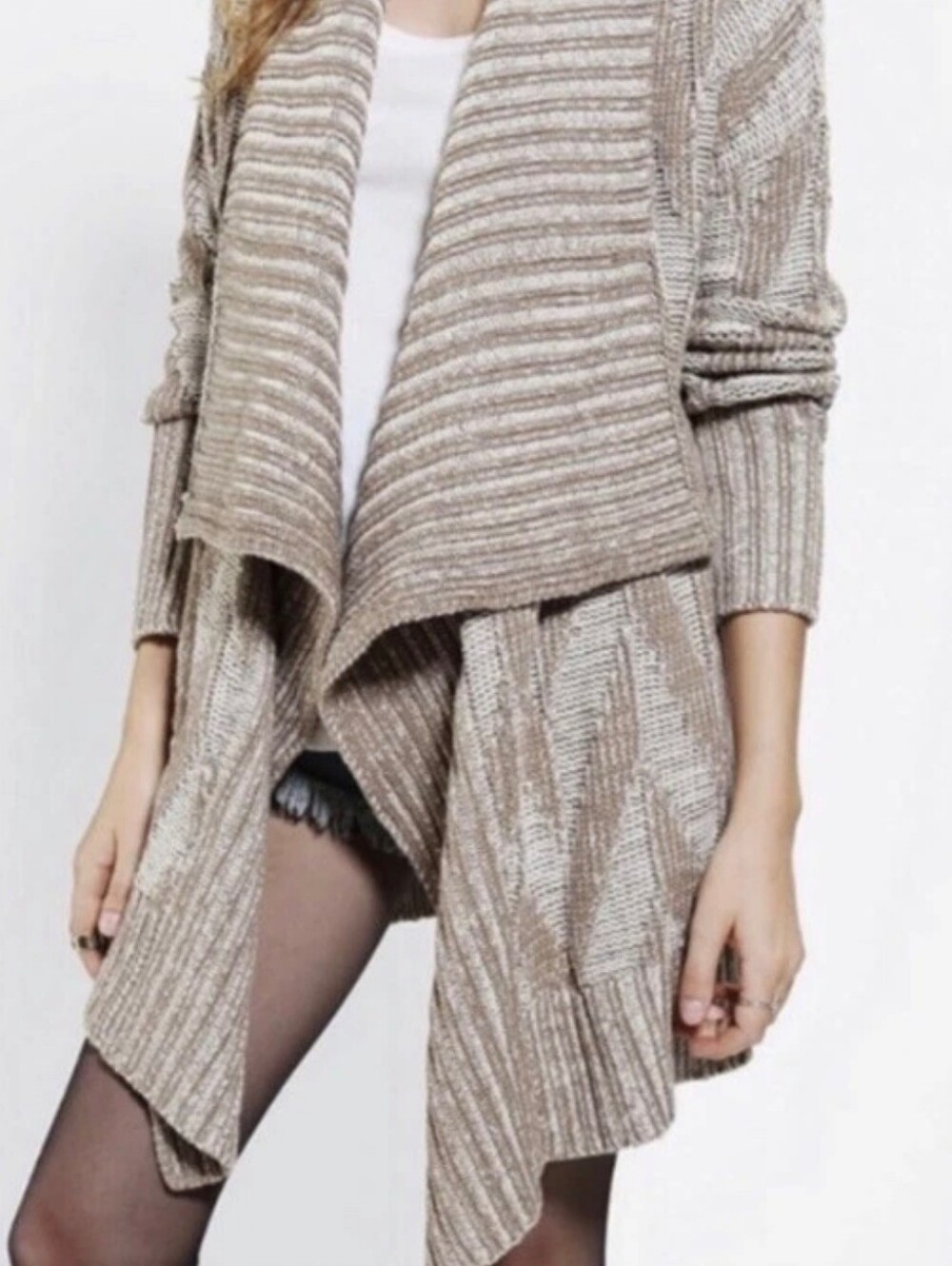 Staring At Stars Ribbed Drape Front Cardigan Sweater Beige Brown Size L - Picture 3 of 10